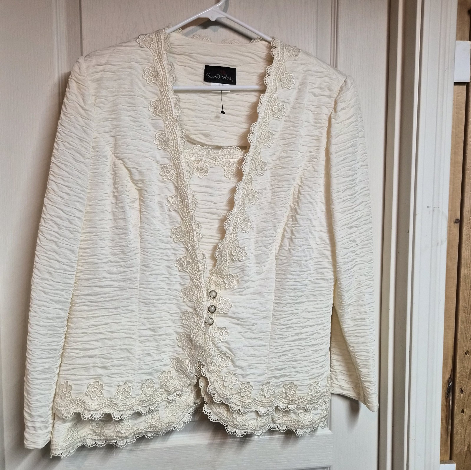 VTG David Rose Ivory Lace Layered Wedding Evening Jacket Women’s 16 USA Romantic