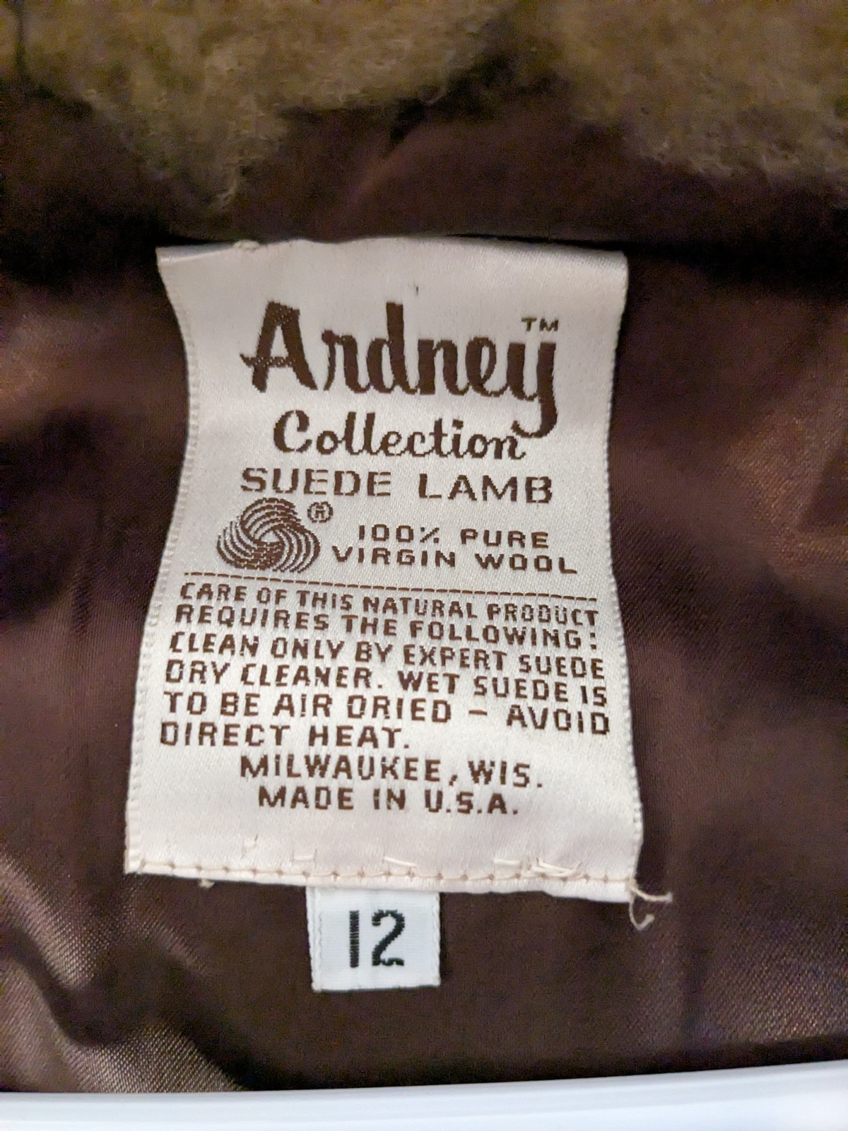 Vtg Ardney Genuine Suede Lamb Shearling Long Pile Wool Puffer Bomber Size 12 Tan