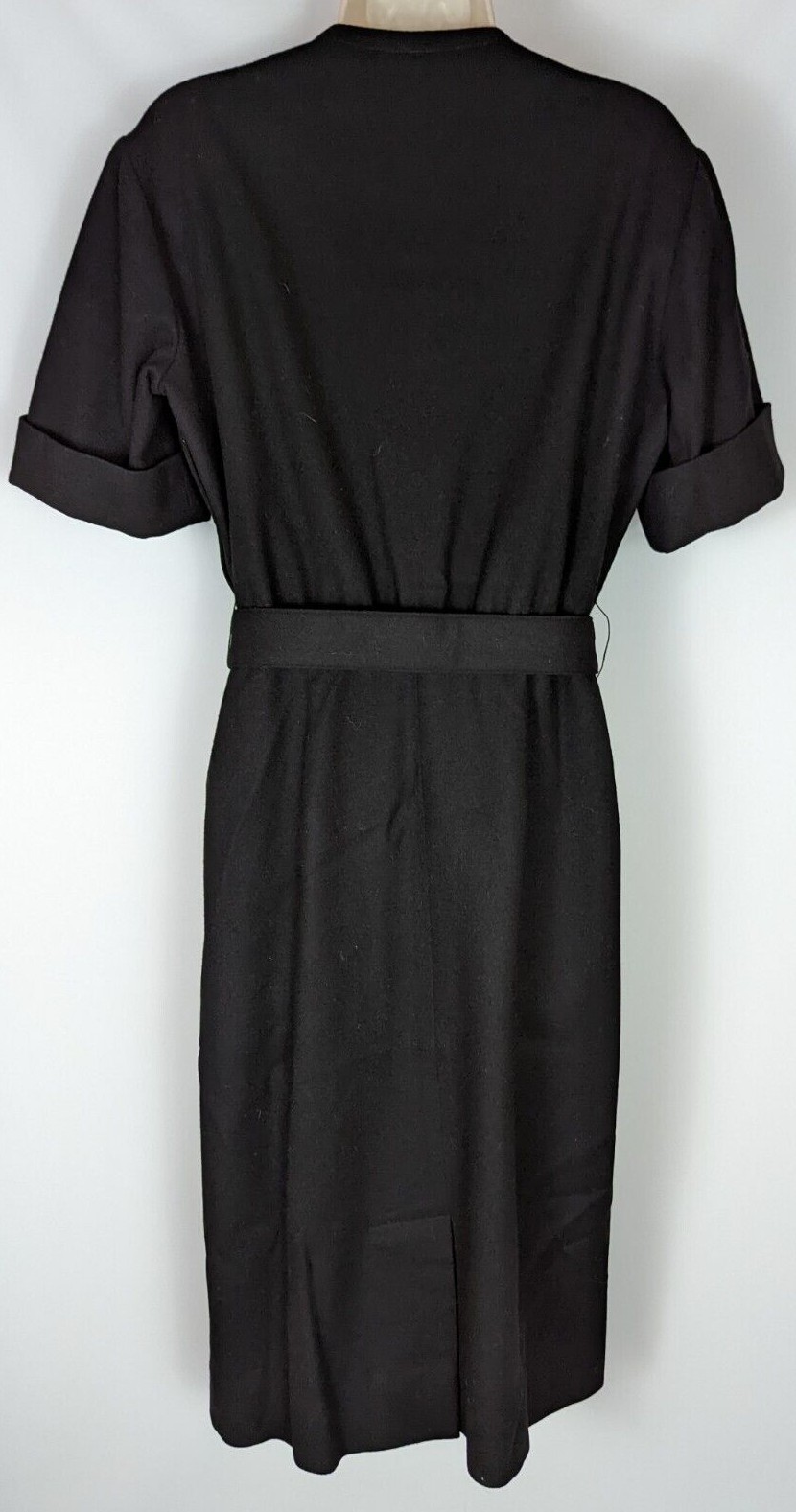 NANCY GREER NEW YORK VTG 70s Black Wool Belted Sheath Dress MED