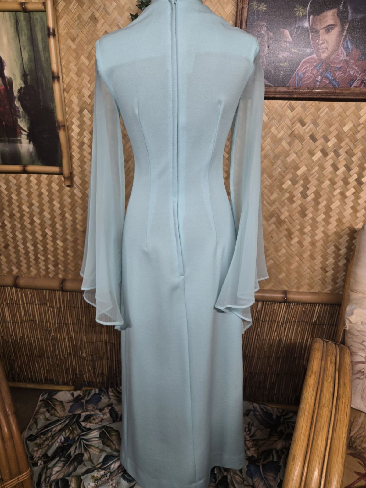 Vintage Shaheen Asian Inspired Hawaiian Aloha Dress In Rare Light Blue w1189