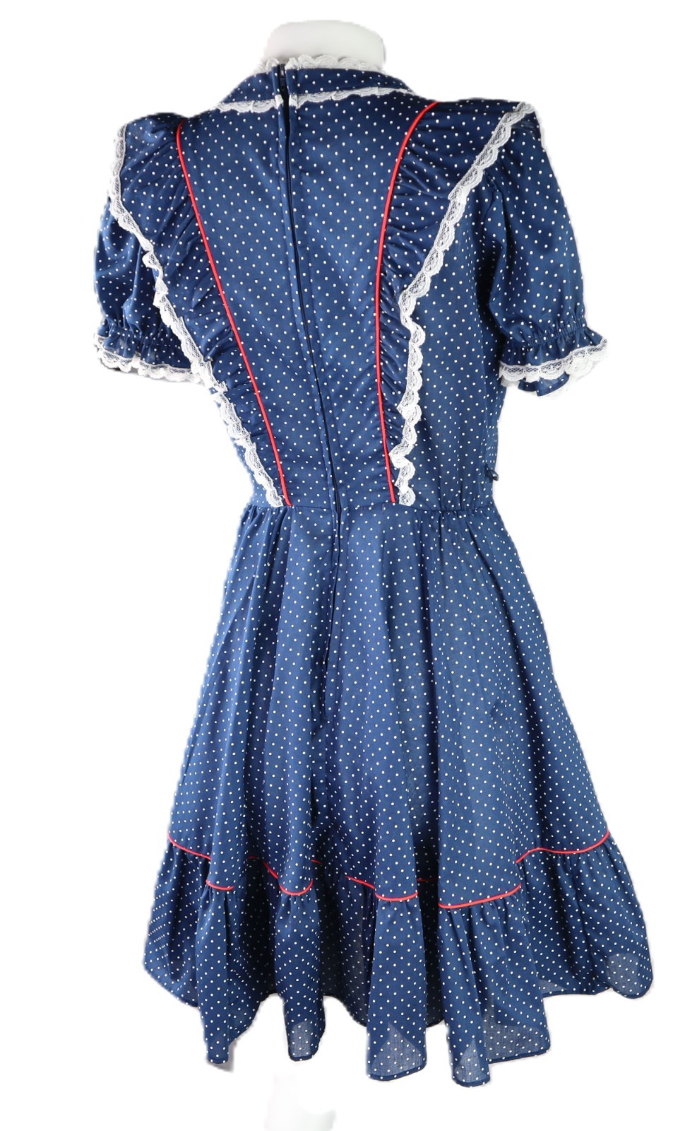 VTG 60s Jeri Bee USA 0 XS Square Dance Prairie Lace Polka Dot Knee Dress Blue