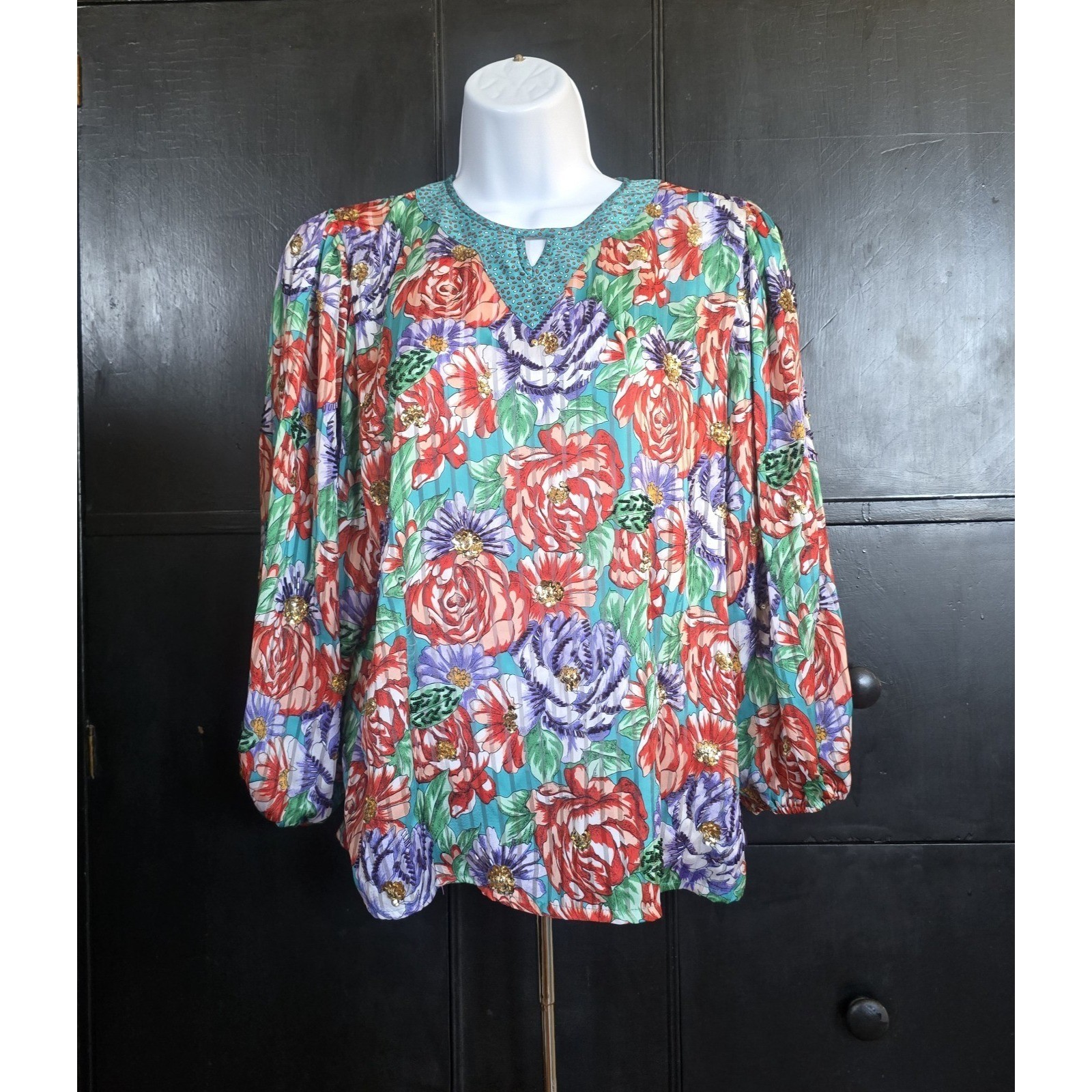 Vintage Floral Sequin Blouse Womens L Multicolor Pleated 80s Balloon Sleeve