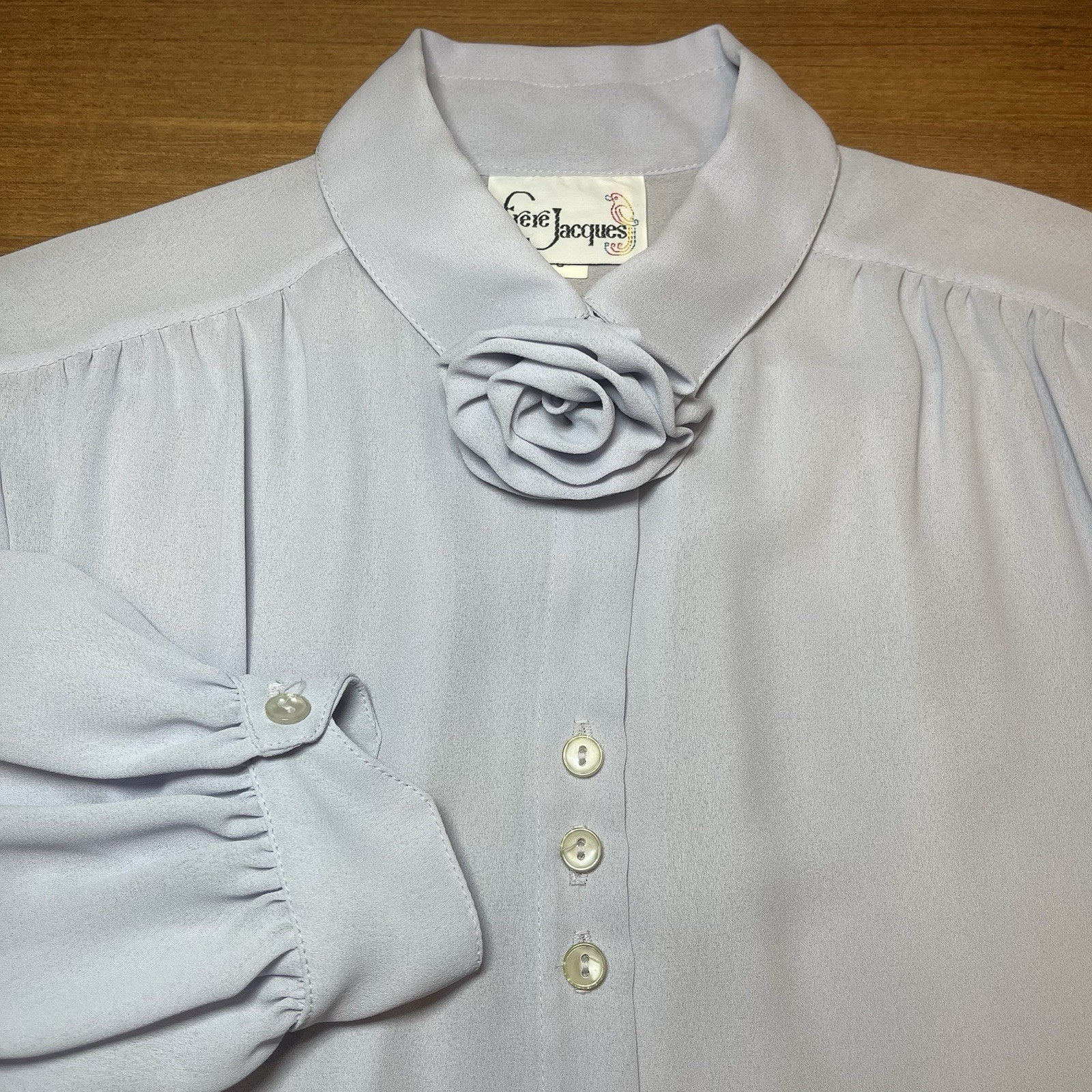 Vtg Frere Jacques Pastel Periwinkle 70’s 80’s Blouse Rosette Flower Accent Sz 8