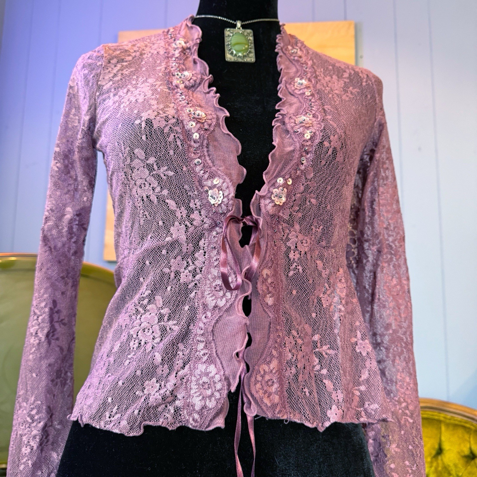 Vintage Y2K New York & Company Long Sleeve Sheer Mesh Witchy Cardigan XS