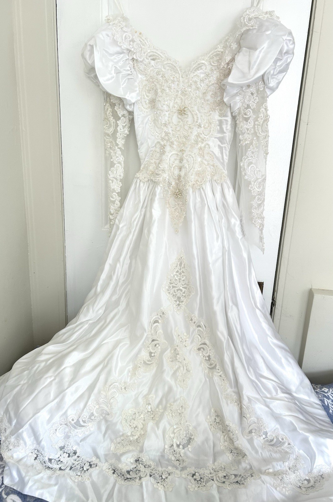 Vintage 1980s White Satin Beaded Wedding Gown & Floral Veil Crown Set Size s