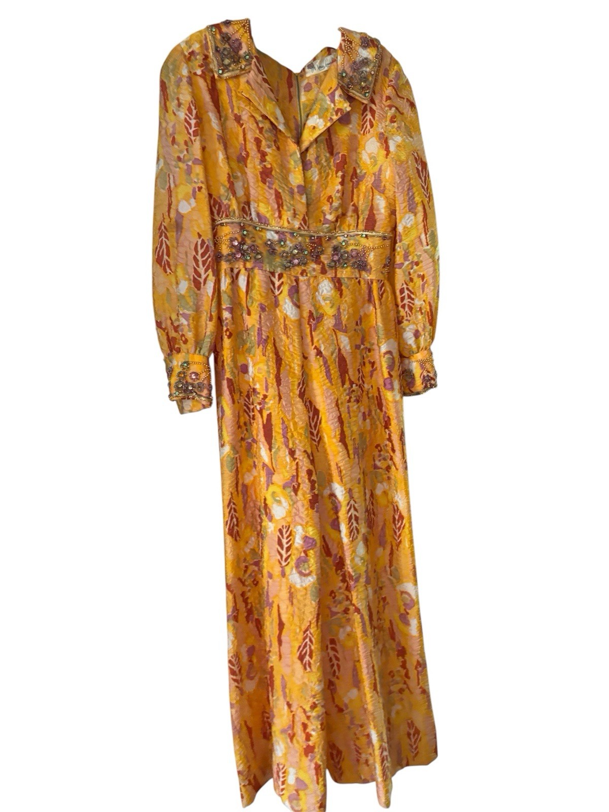 MARIE LEAVELL 1970s Jewel Beaded Jumpsuit Orange Yellow Burgundy Wide Leg