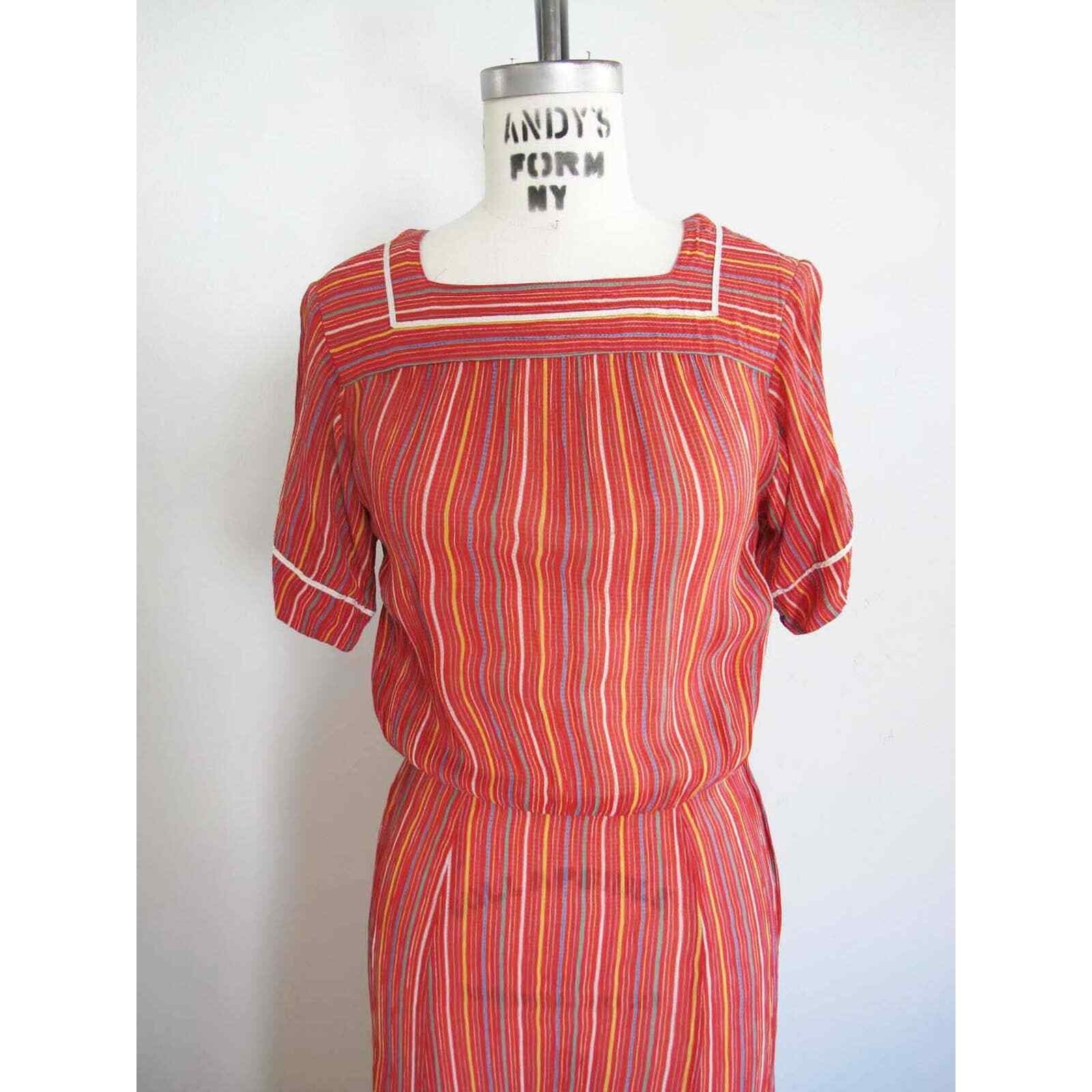 Vintage 80s Albert Nipon Dress XS S – 1970s Red Multicolor Stripe Midi