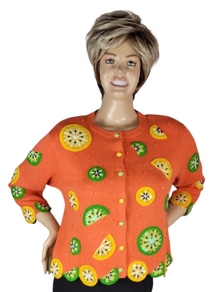 Vtg Design Options By Philip & Jane Gordon Orange Lemon & Lime Cardigan Sweater
