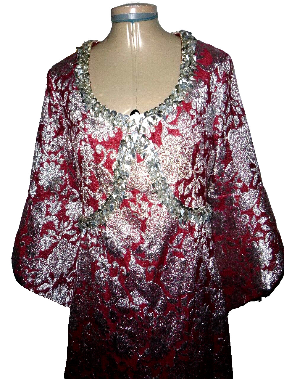 Vintage 60’s Silver Metallic/Burgundy Jacquard Diva Maxi Dress L