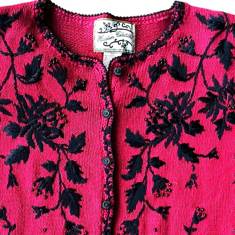 VTG 90s Heirloom Collectibles Cardigan Red Beaded Embroidered Grammacore Large