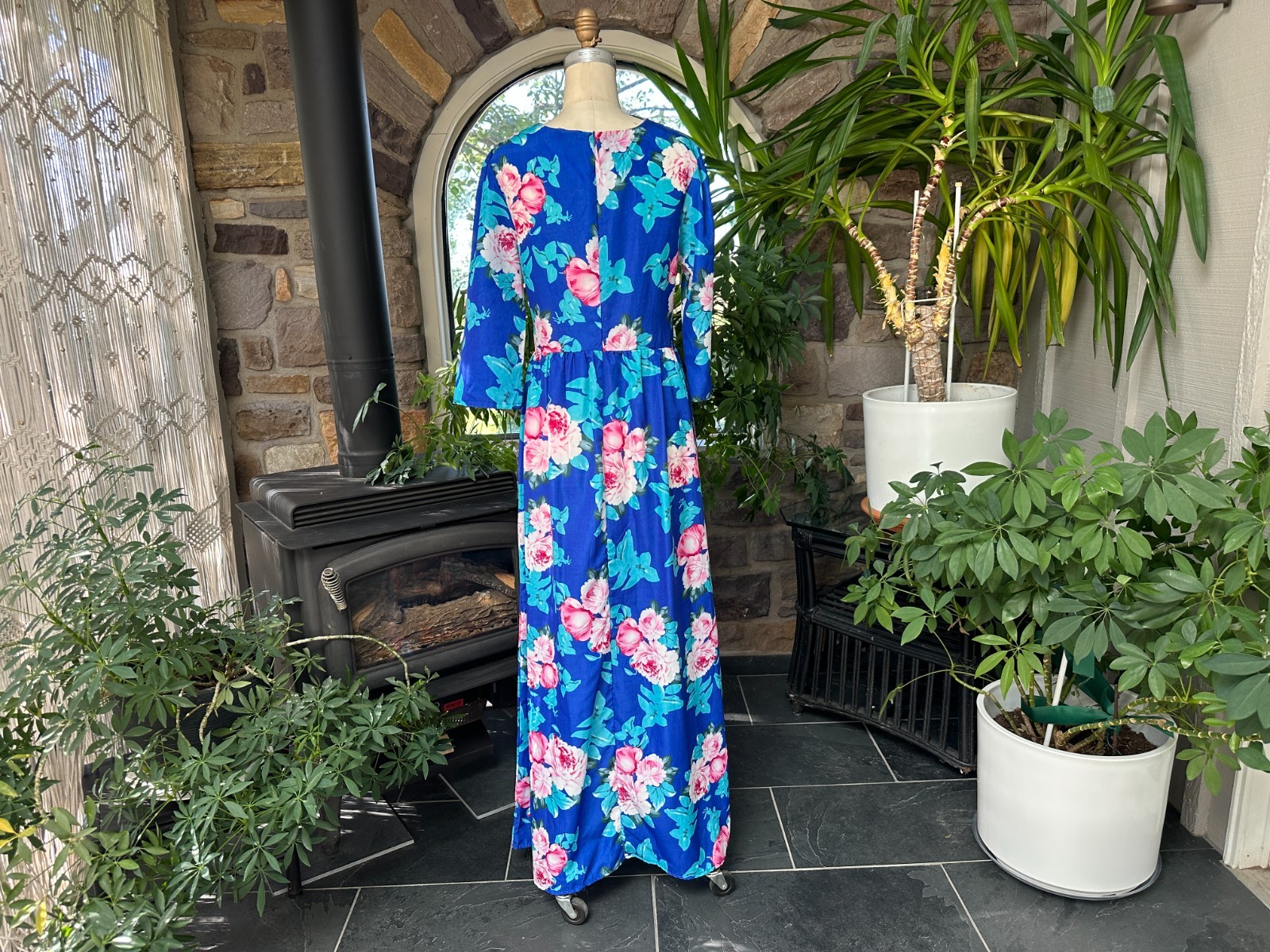 Vintage 1980s Blue and Pink Floral Summer Maxi Dress