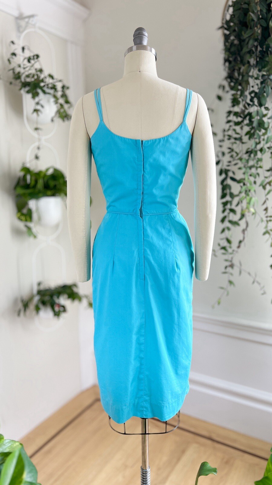 Vintage 1950s 1960s Blue Cotton Spaghetti Strap Wiggle Sundress Pin Up Day Dress