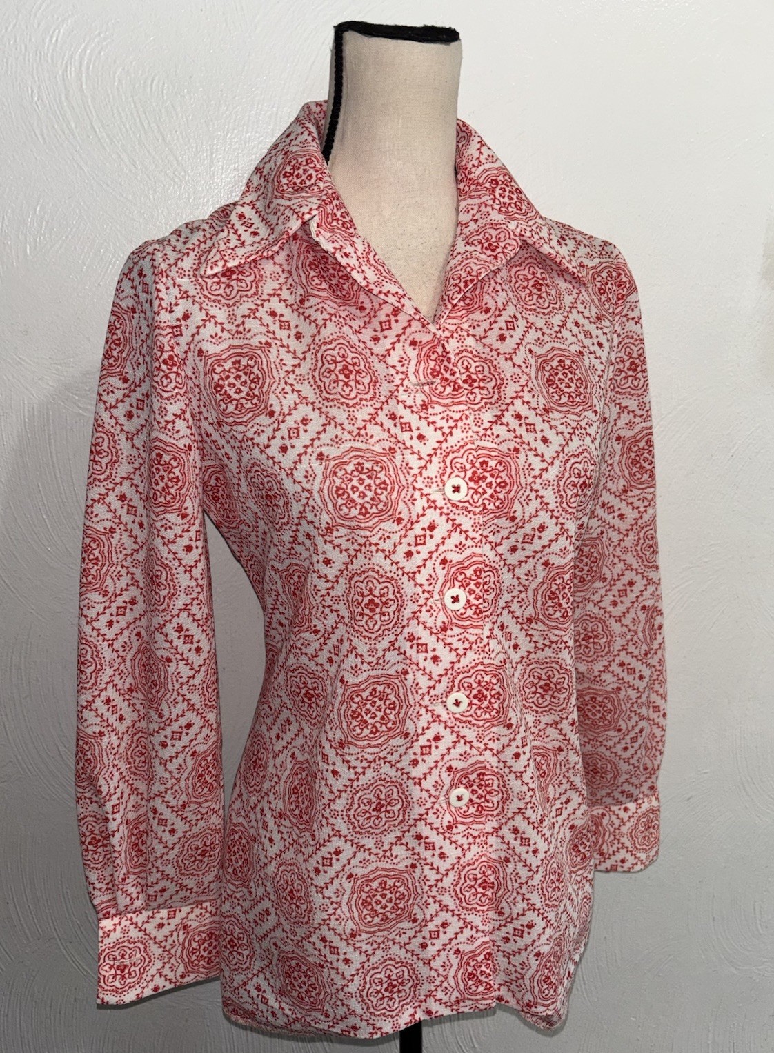 Vintage 70’s Psychedelic Blouse Hippie Disco Orange & White Pointed Collar Med