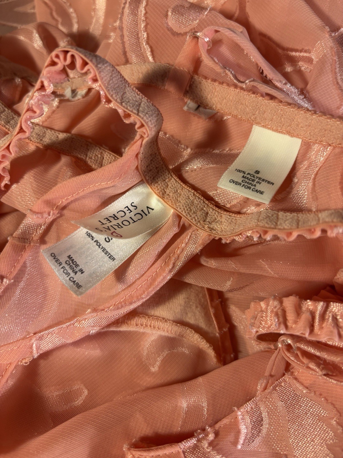 Vtg Satin Soft Burnout Nightie Thong Panties VS Babydoll Damask Sheer Gown Set S