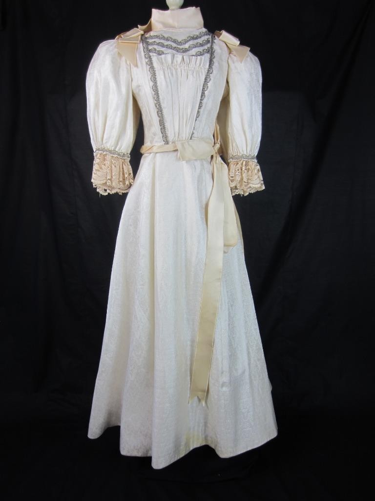 *1895 Wedding Gown Victorian Antique – Cream Brocade, Bustle Skirt, Bead Trim