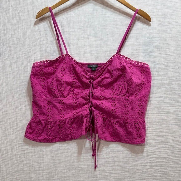 Wild Fable Eyelet Lace Cami Top Womens XL Pink Boho Peplum Lace Up Barbiecore