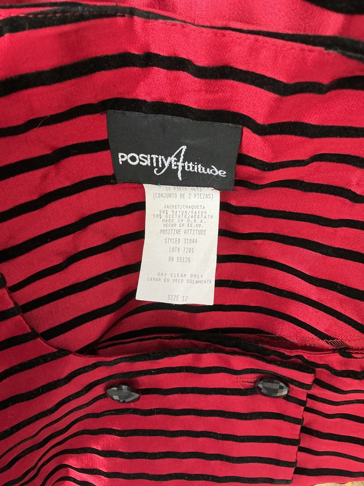 VINTAGE POSITIVE ATTITUDE RED SATIN BLACK VELVET STRIPED DOUBLE BREASTED JACKET