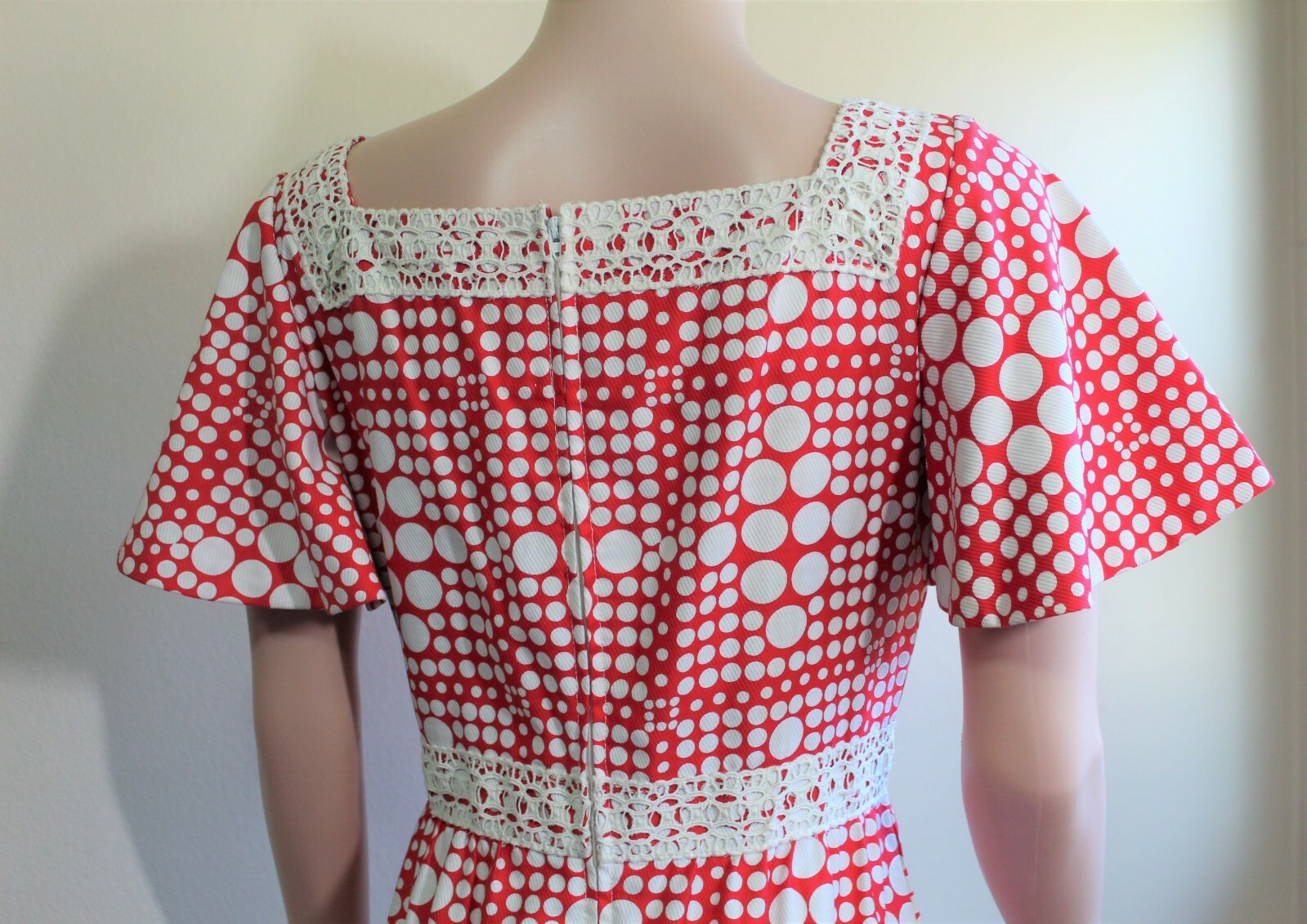 M Vintage 70s Maxi Prom Dress A Line Red White Polka Dot SS Puritan Juniors