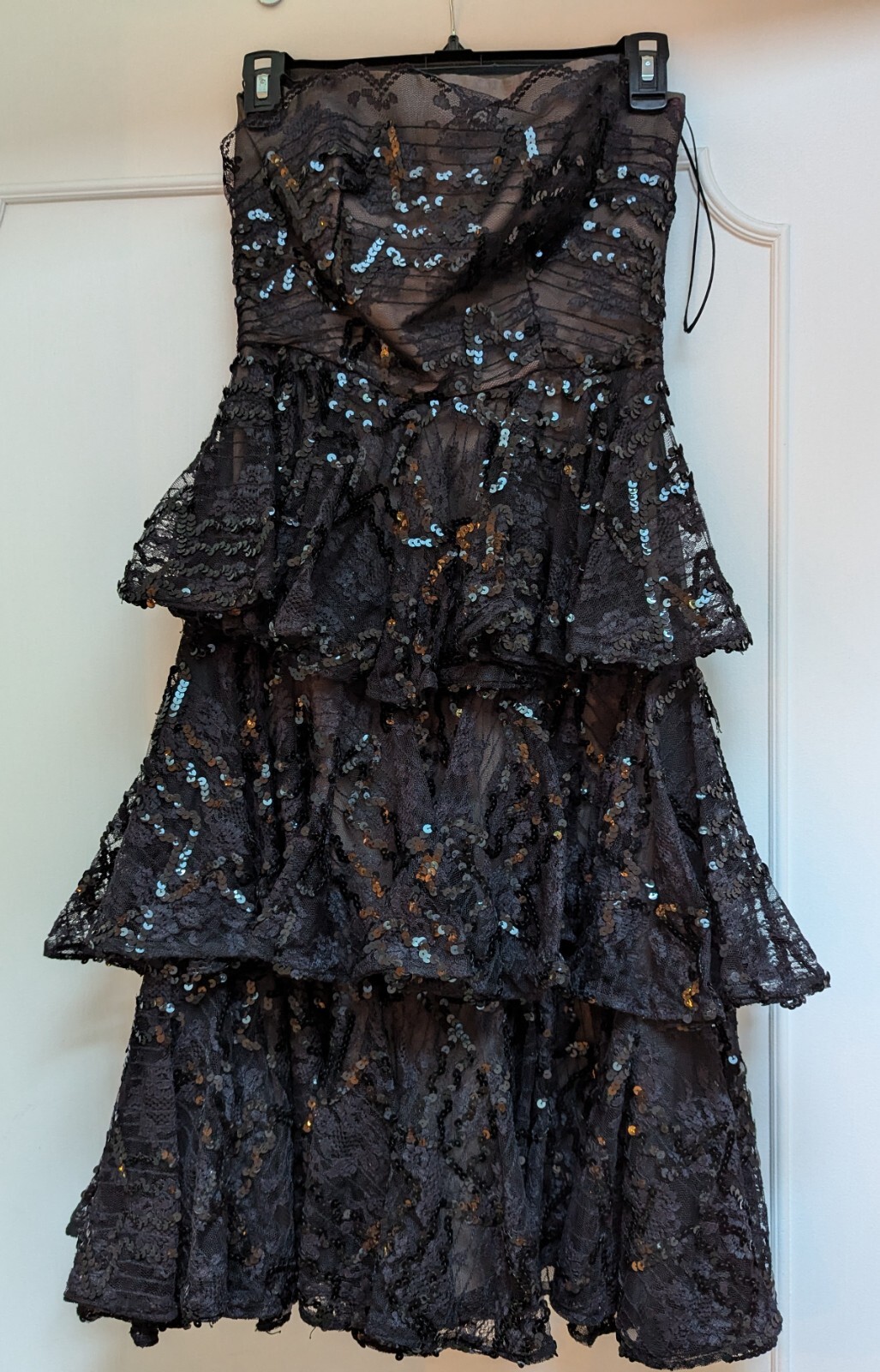 Vintage 80s Lillie Ruben Strapless Black Sequined Lace 3 Tiered Cocktail Dress