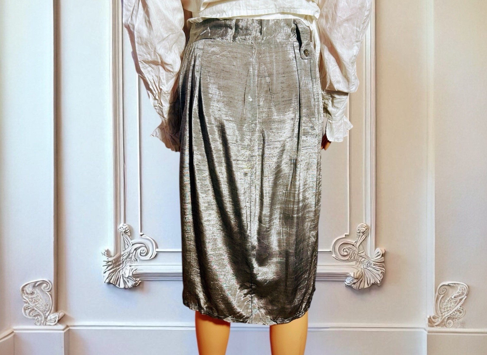 Vtg 80s Skirt Silk Blend Midi High Waist Pleats GLAM Silver Metallic Slub 27W S