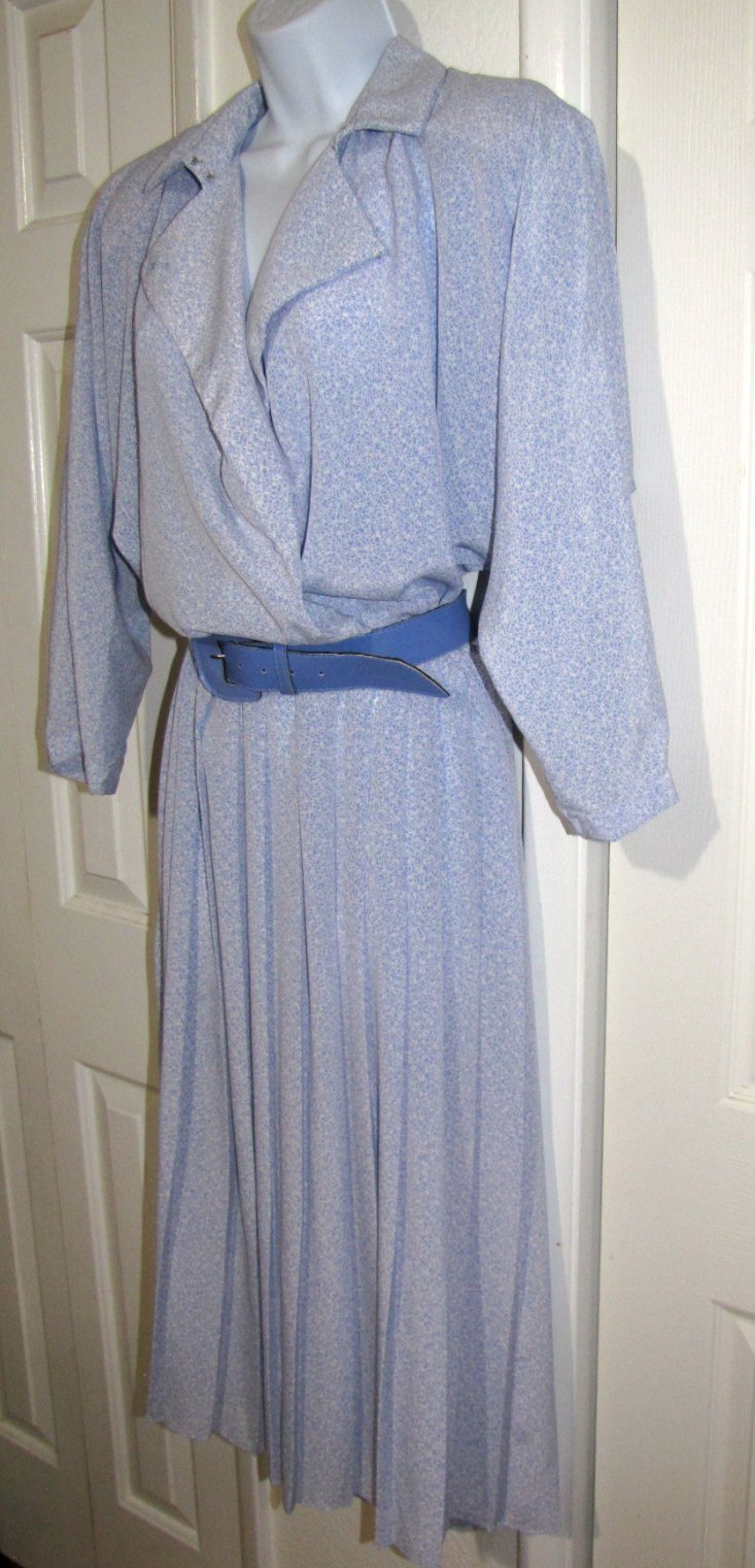 90s Lisa II Midi Dress Blue ditsy-Floral 2-way-Collar Drop-Waist Dolman Wm. 14