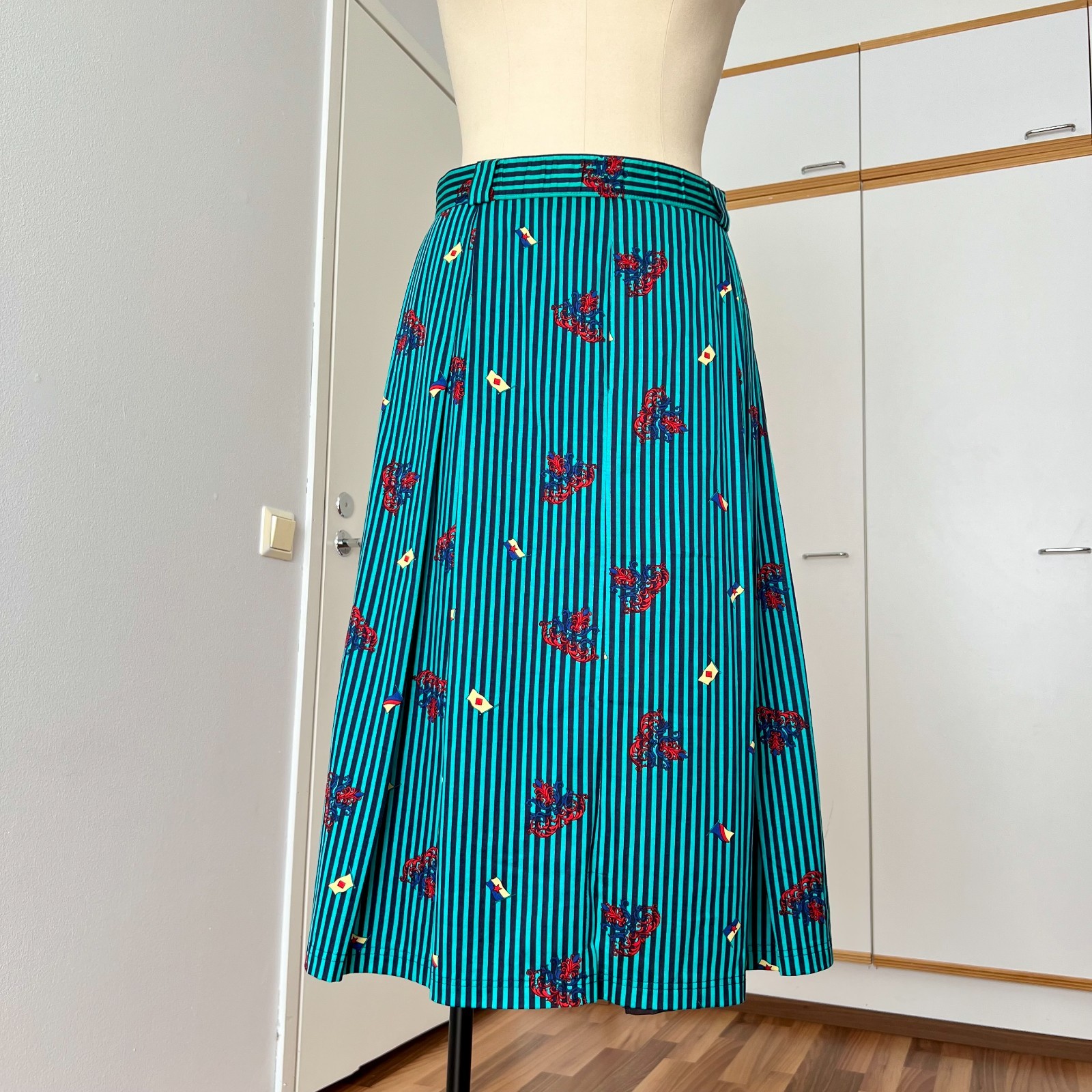 1980s BLEYLE Cotton Pleated High Waist Midi Skirt Preppy Summer Striped Aline 38