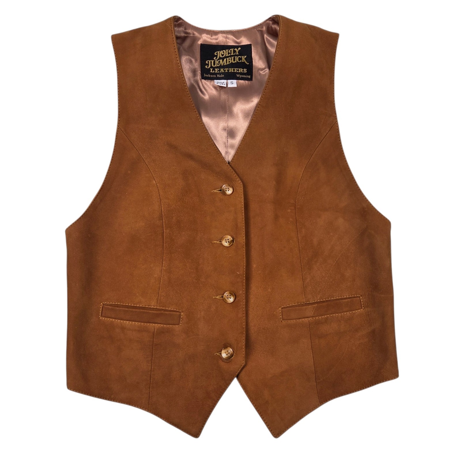 Vintage Jolly Jumbuck Leathers Womens Suede Vest S 34X18.5 Brown USA Jackson WY