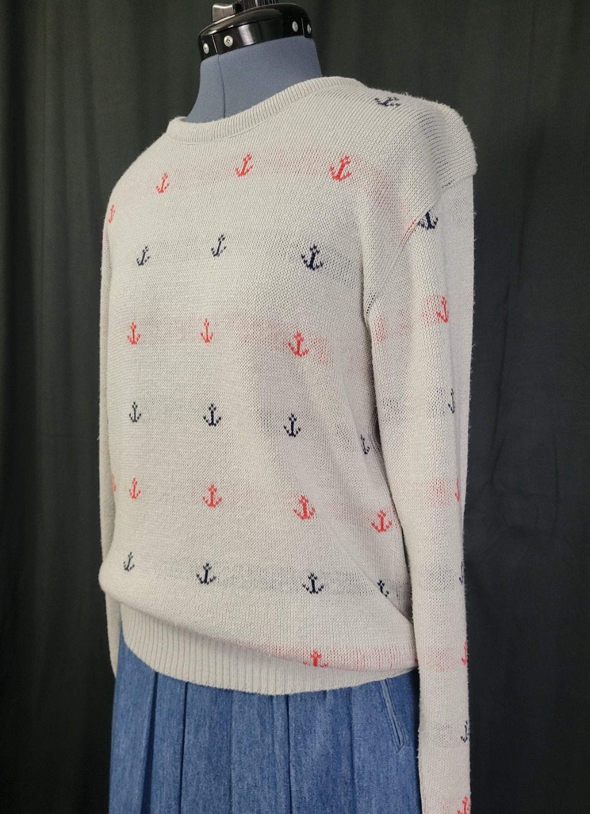 Vtg Jersild Grey Crew Neck Sweater w Blue & Red Boat Anchors Nautical Size Med