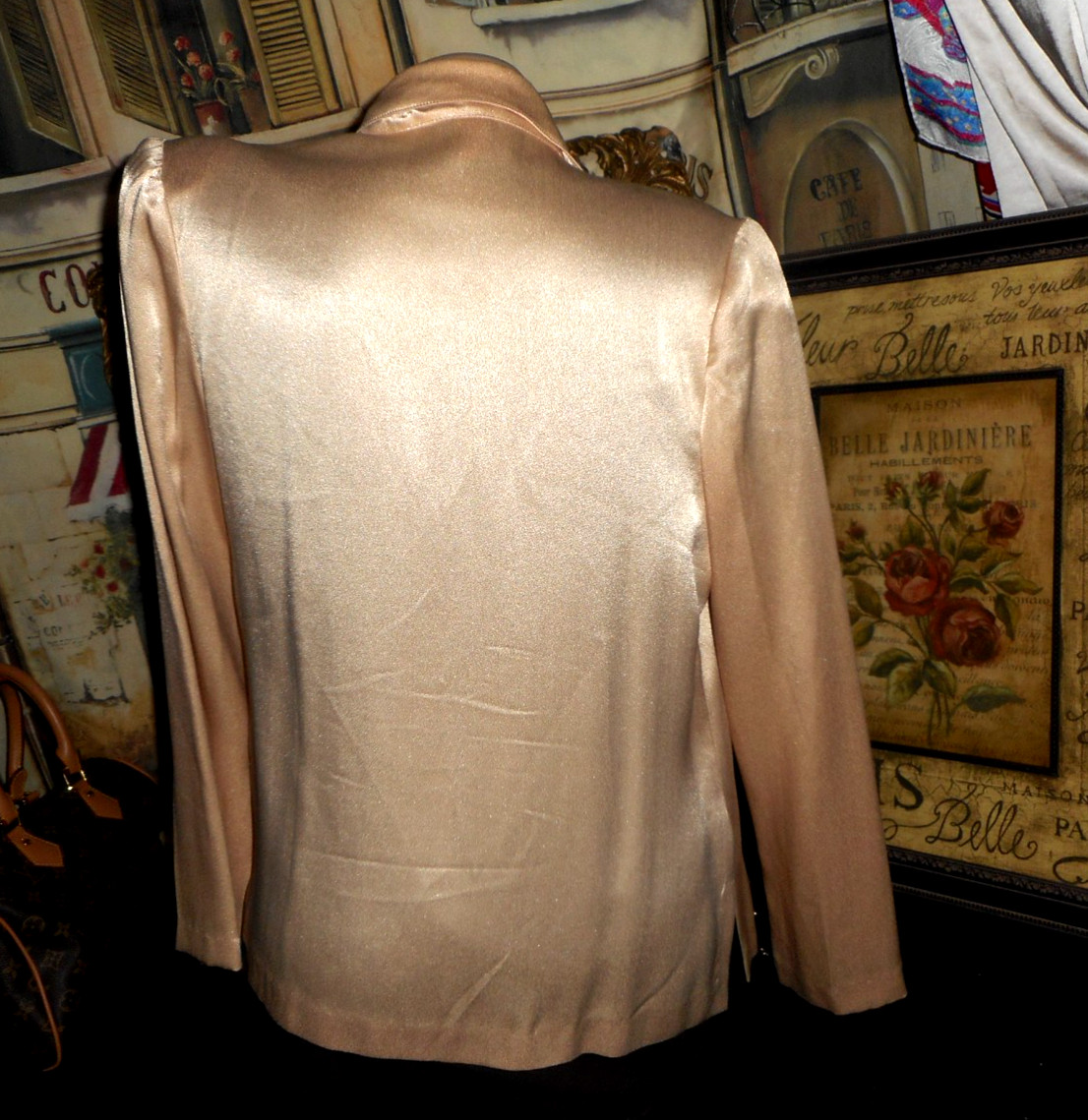 8 10 VinTage Satin Blazer Open Front Fly-a-way No Button Gold 1980’s Executive