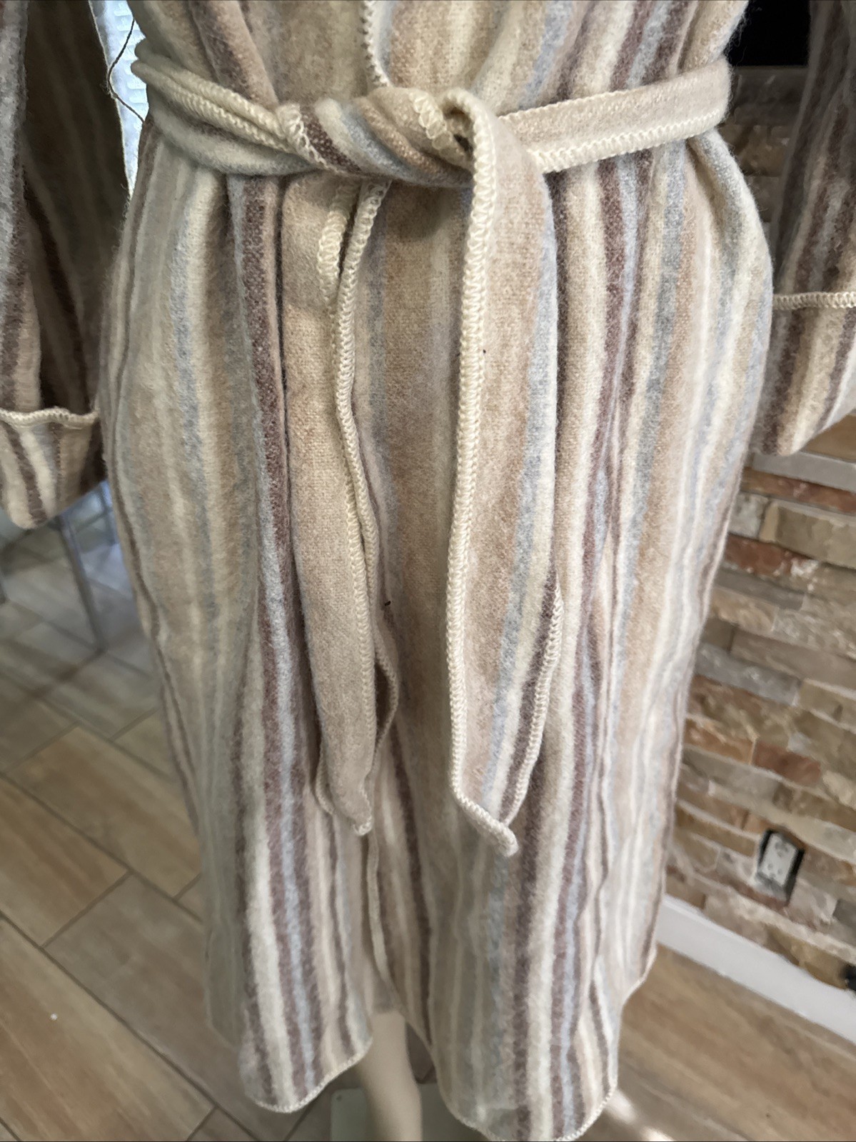 Vintage 70s Casa de Lana Wool Striped Hooded Coat Tie Sz 7 HTF pl
