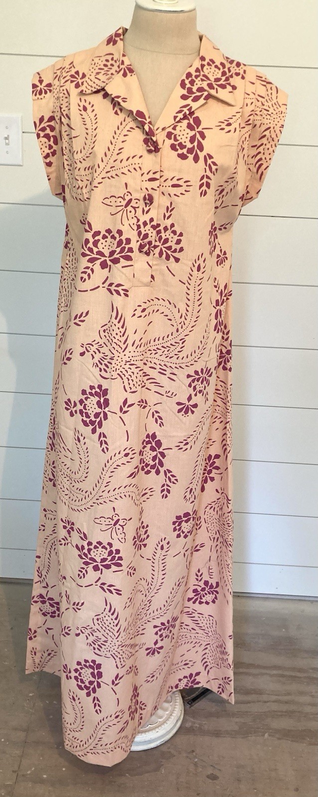 Vntg 1990s Hawaiian muumuu maxi dress peasant dress peacocks butterfly XL B 44