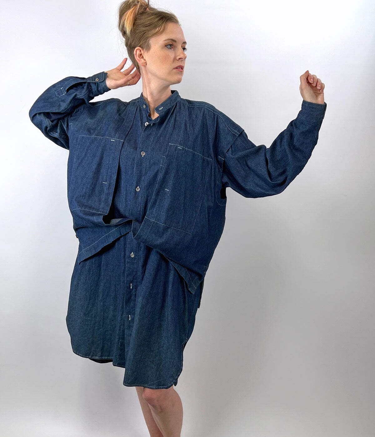 80s 90s Indigo Denim Coat Dress Issey Miyake Plantation OSFM Avant Garde