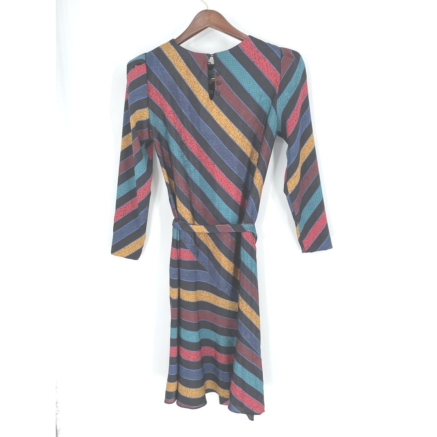 Excellent Leslie Fay Womens Dress 10 Midi Multi Color Stripe Vintage Puff Sleeve