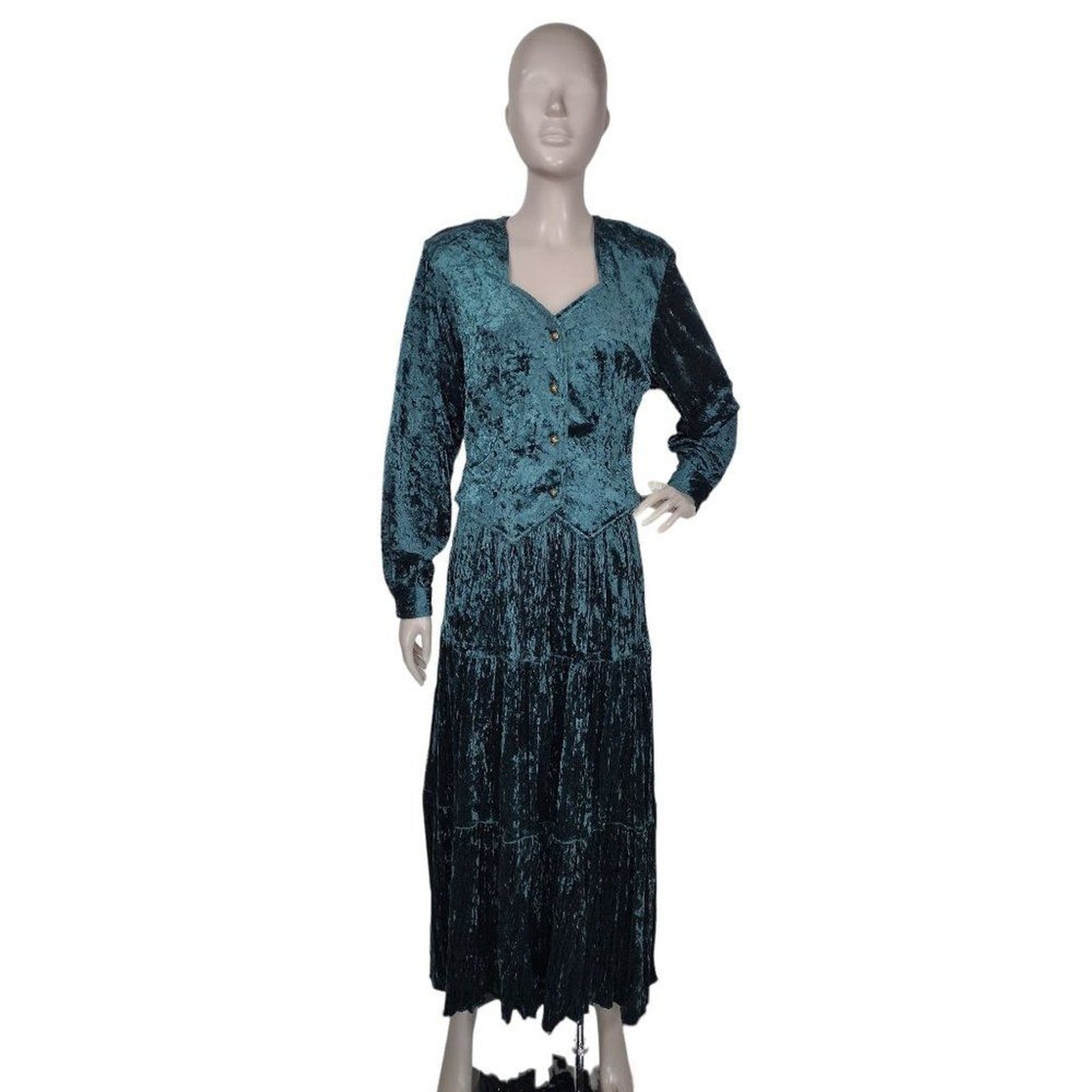 Vintage 70s Western Boho Prairie Green Crushed Velvet Tiered Maxi Skirt Top Set