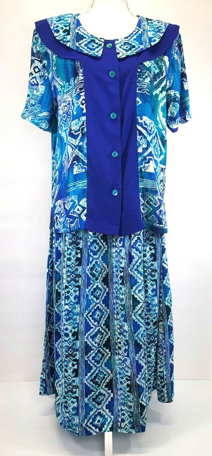 Vintage Options Melrose Womens Size Small Dress Skirt & Blouse Set Rayon Blue