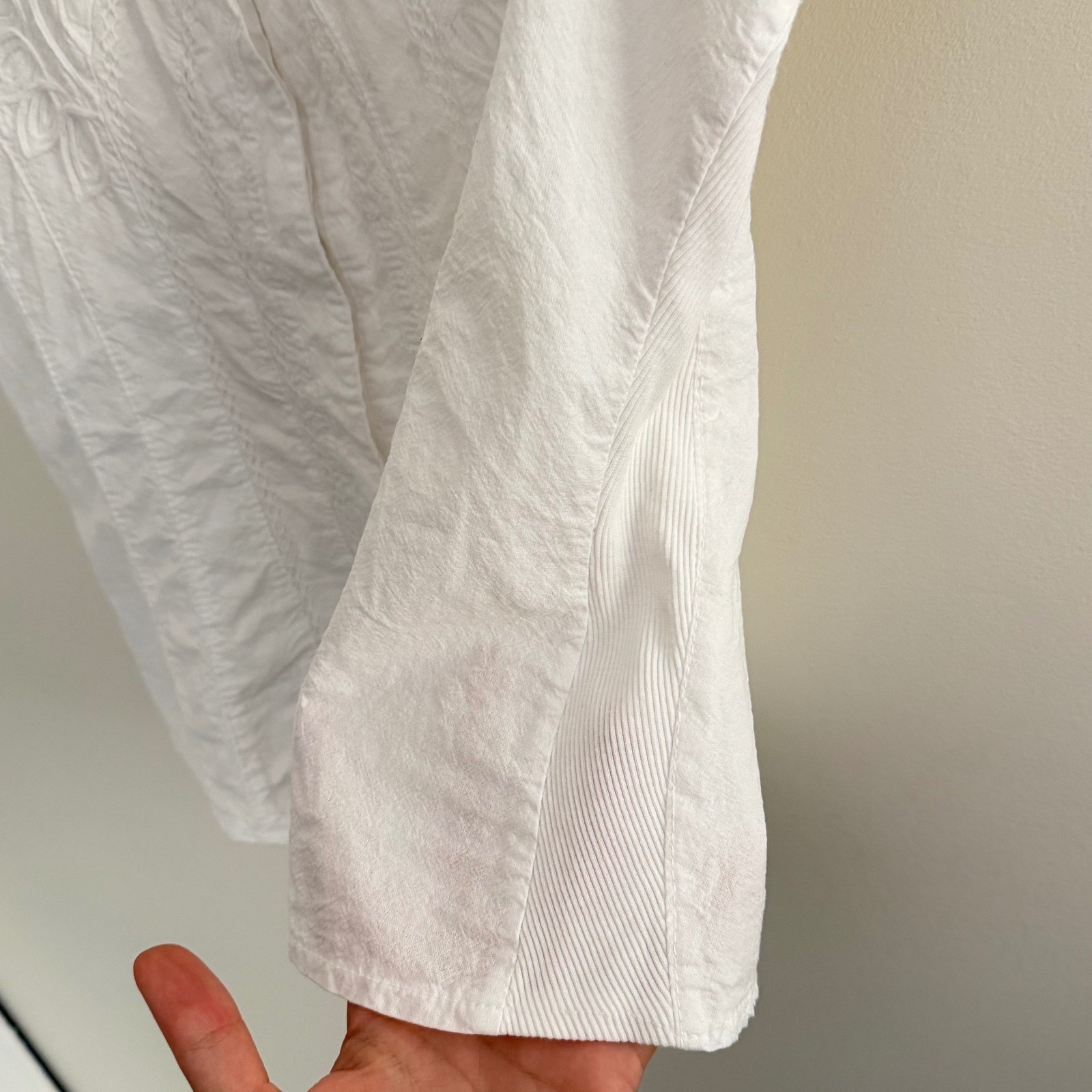 White Cotton Embroidered Boho Button Up Collared Shirt Prairie Western Size XL