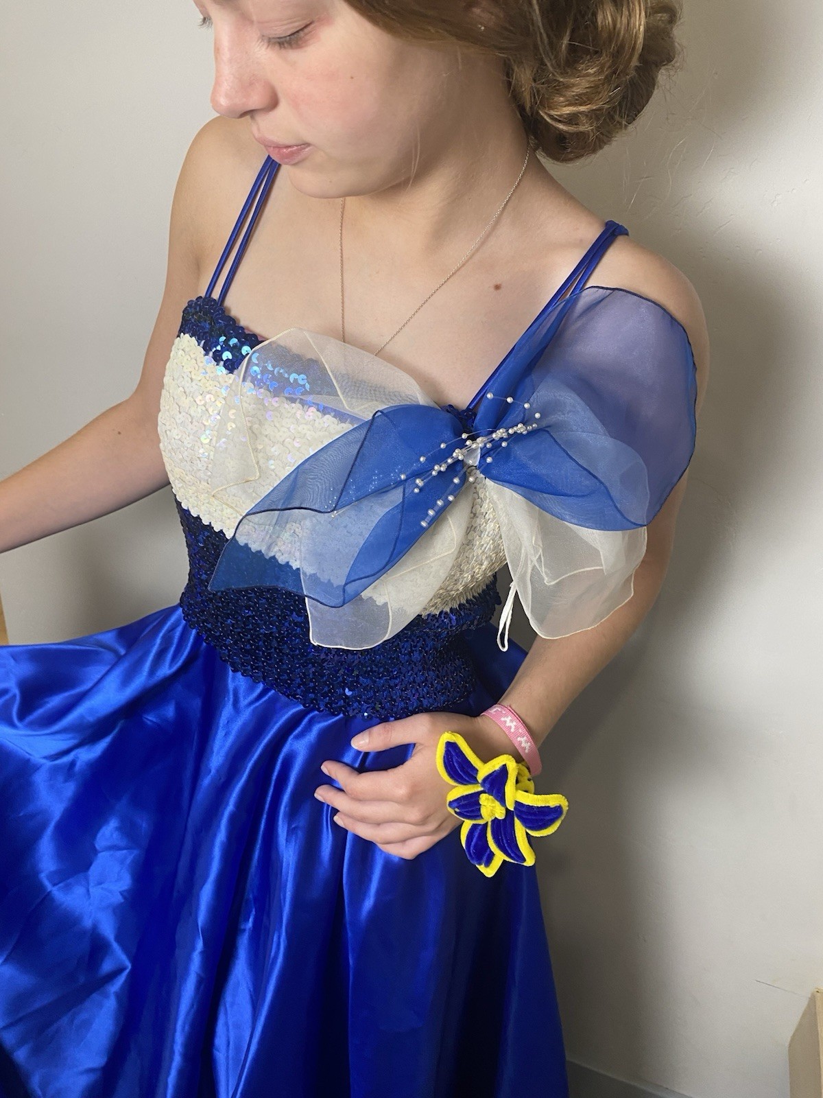 VTG 70’s Blue/white Sequined Satin Gown Dress S Prom Party Cocktail Formal