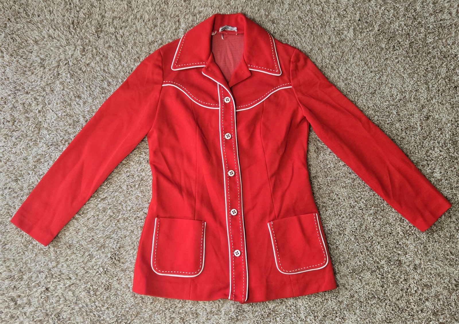 Vintage 60s 70s Retro Mod Hippie Shirt Blouse Top Small Granny Red Stitching