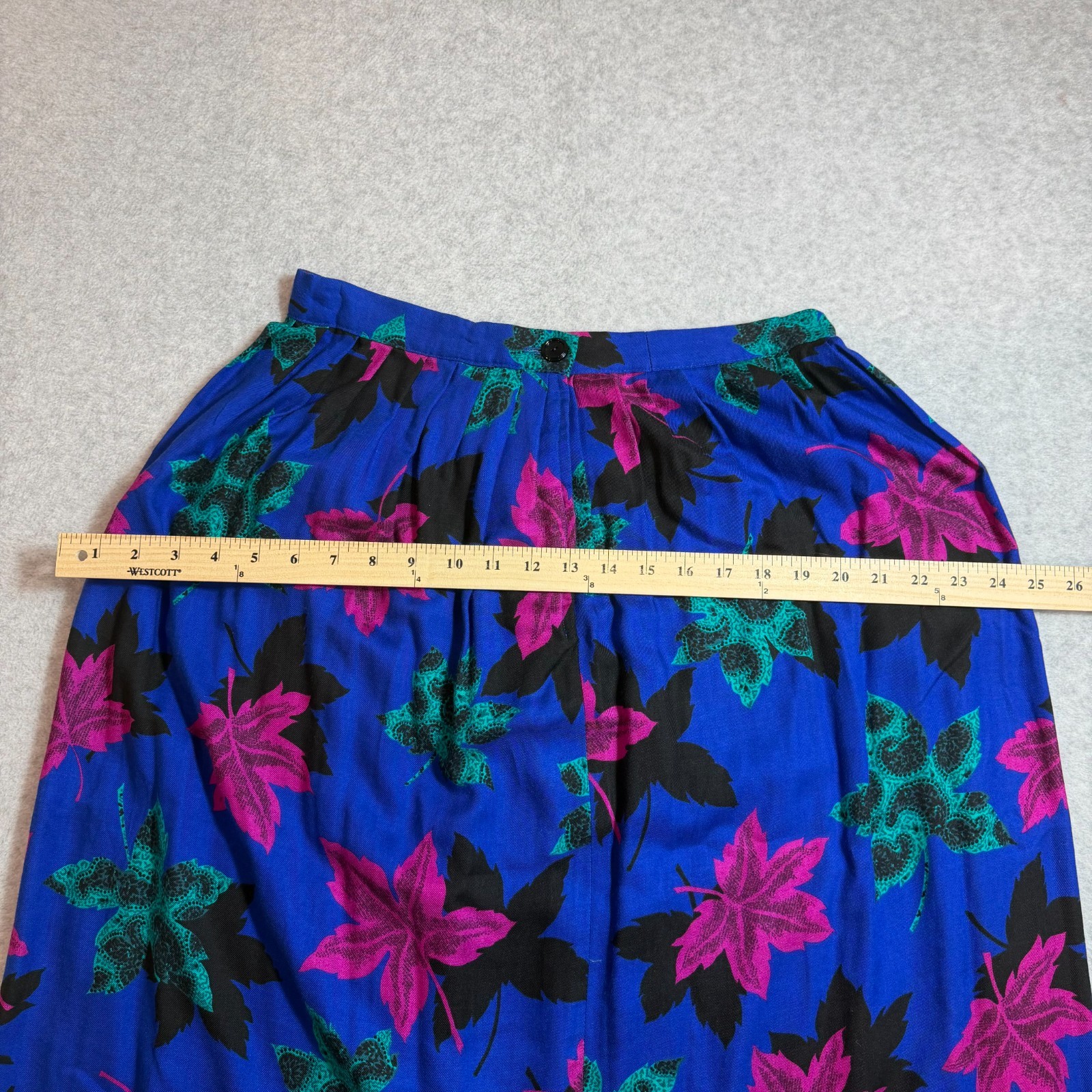 Vintage 80s/90s Vibrant Leaf Print Pleated Midi Skirt Royal Blue, Magenta & Teal