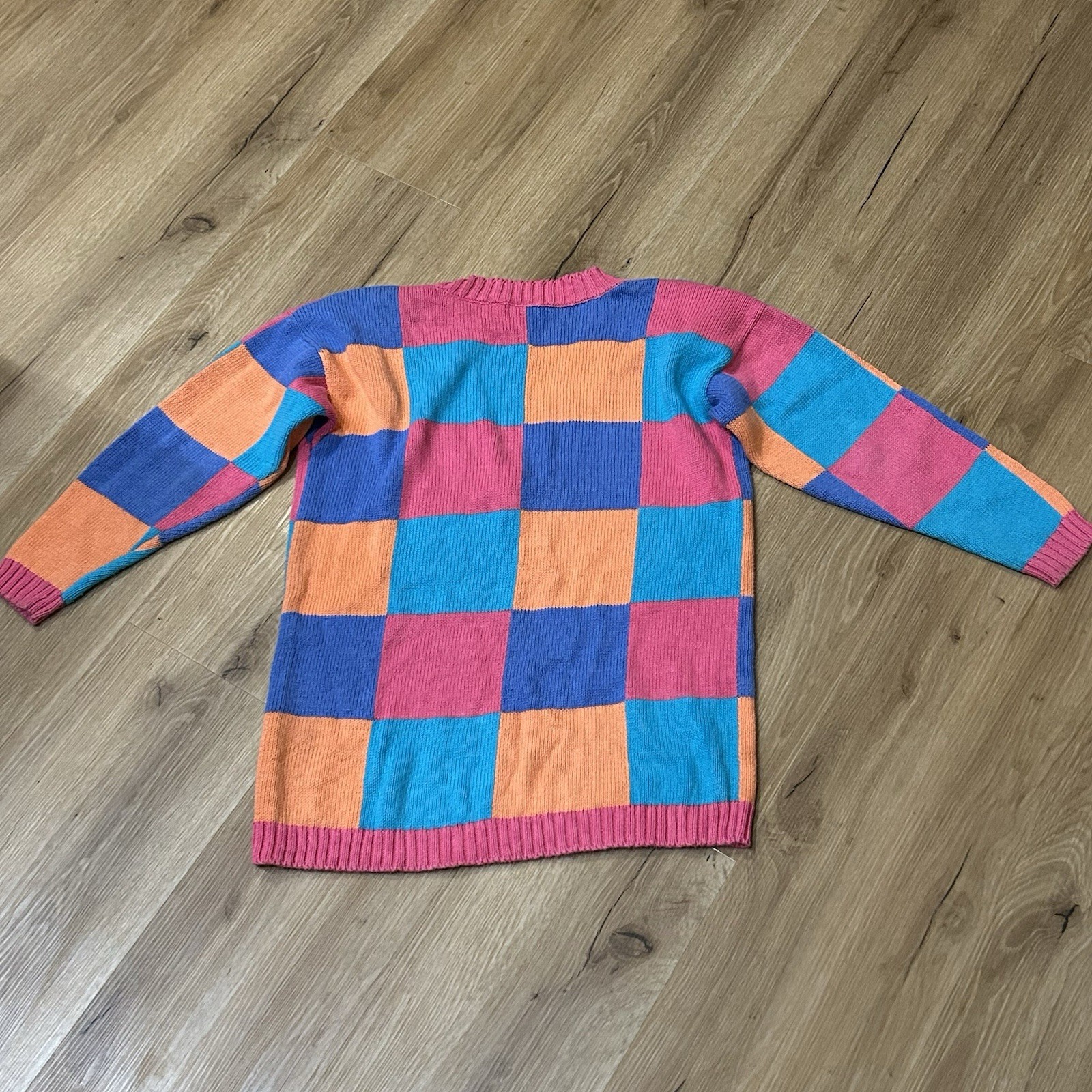 Vintage Pink Colorblock Sweater Ramie Cotton Bright Checkerboard 80s 90s