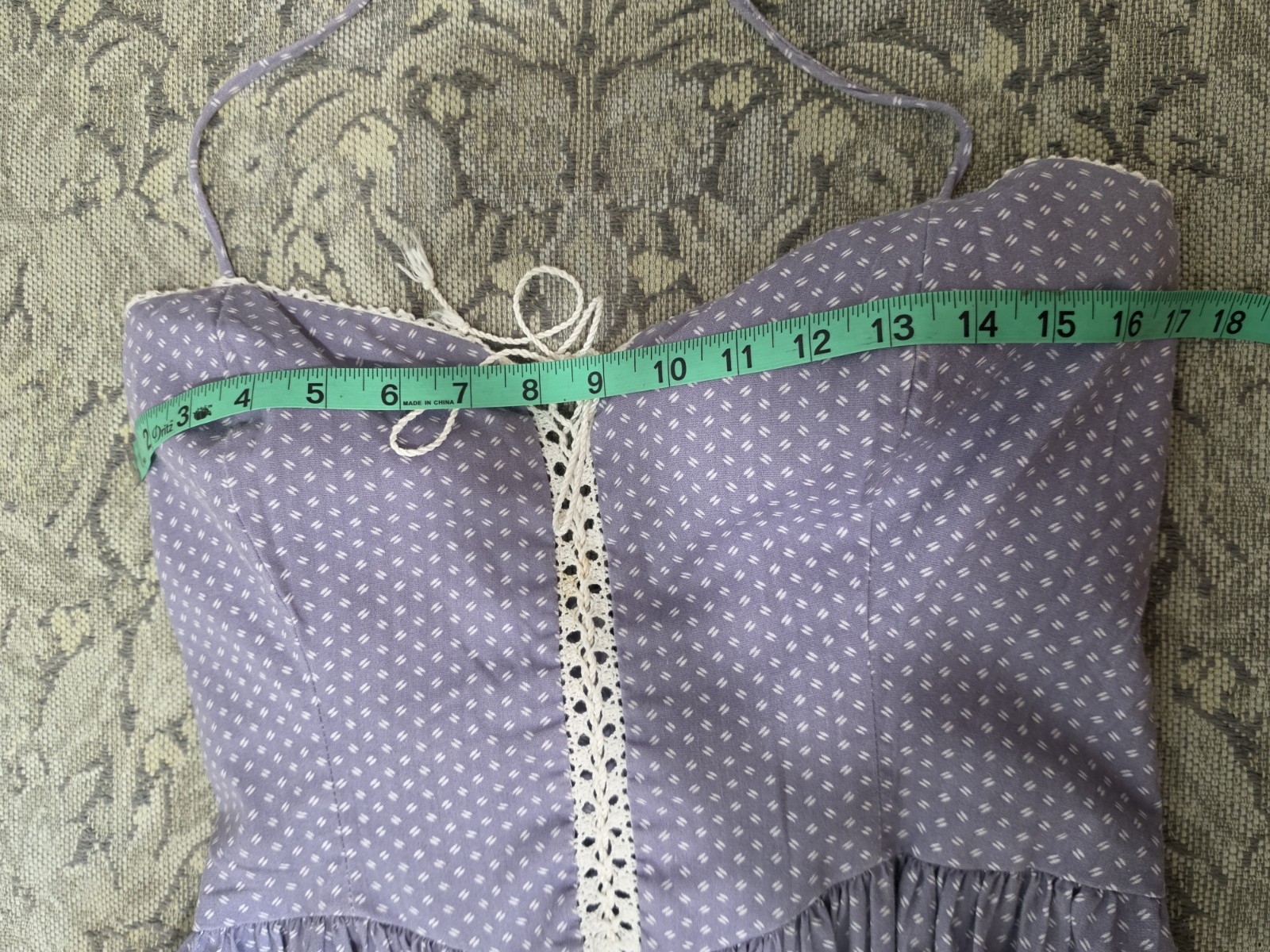 1970s Vintage Prairie Halter Dress Lace Up Chest Midi Blue Lilac Crotchet Trim M