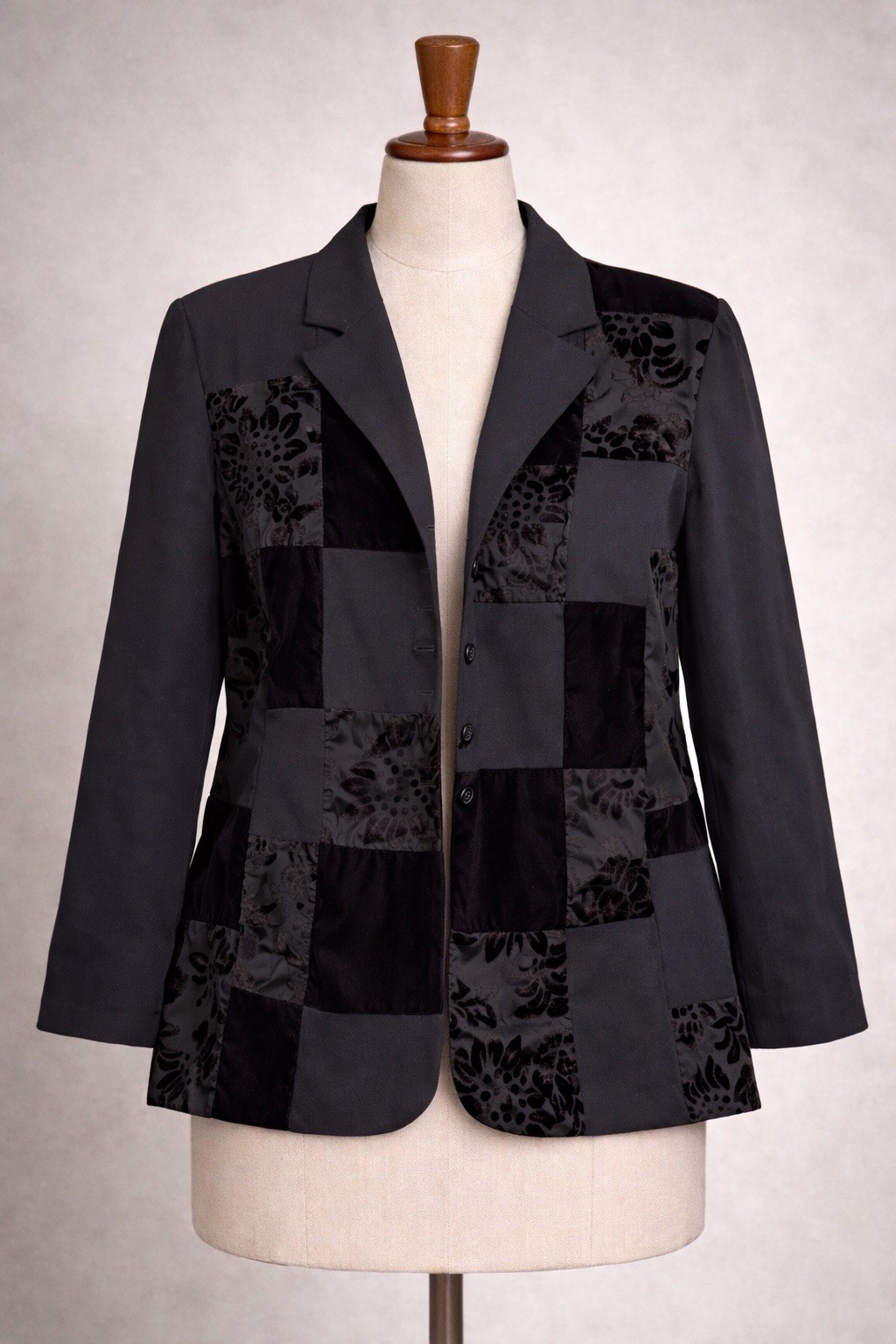 Vintage Hugo Buscati Milano Velvet Burnout Blazer M Black Patchwork 90s Luxe