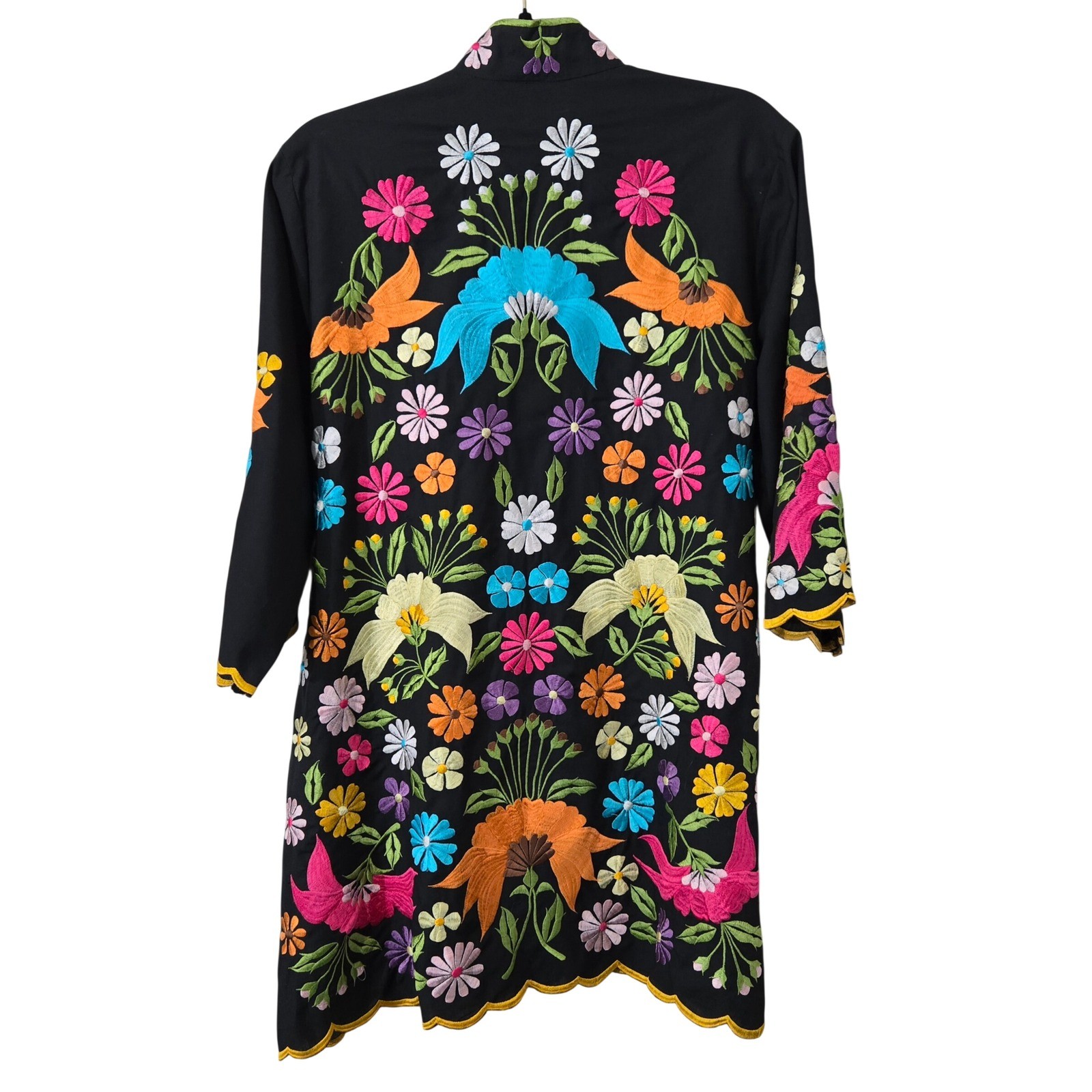Leandra Vintage Embroidered Floral Bird Tunic Black Mandarin Collar Scallop LG