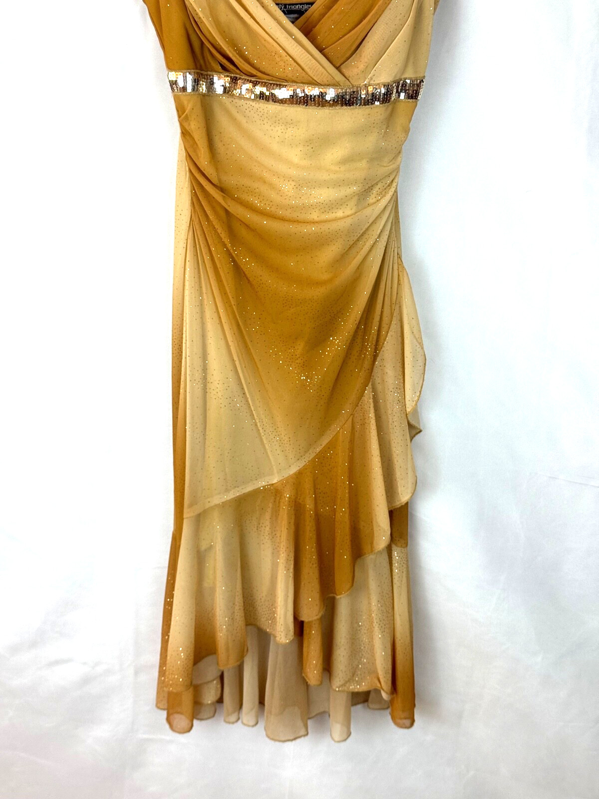 City Triangles-wm sz M vtg 82 disco style dress cascade ruffles brown gold ombre
