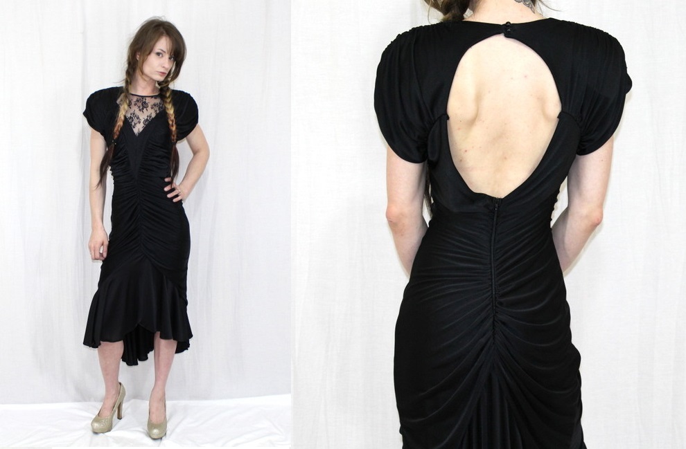 Vintage 80s Black RUCHED Sheer Lace Retro COCKTAIL Party Fishtail Midi Dress~S
