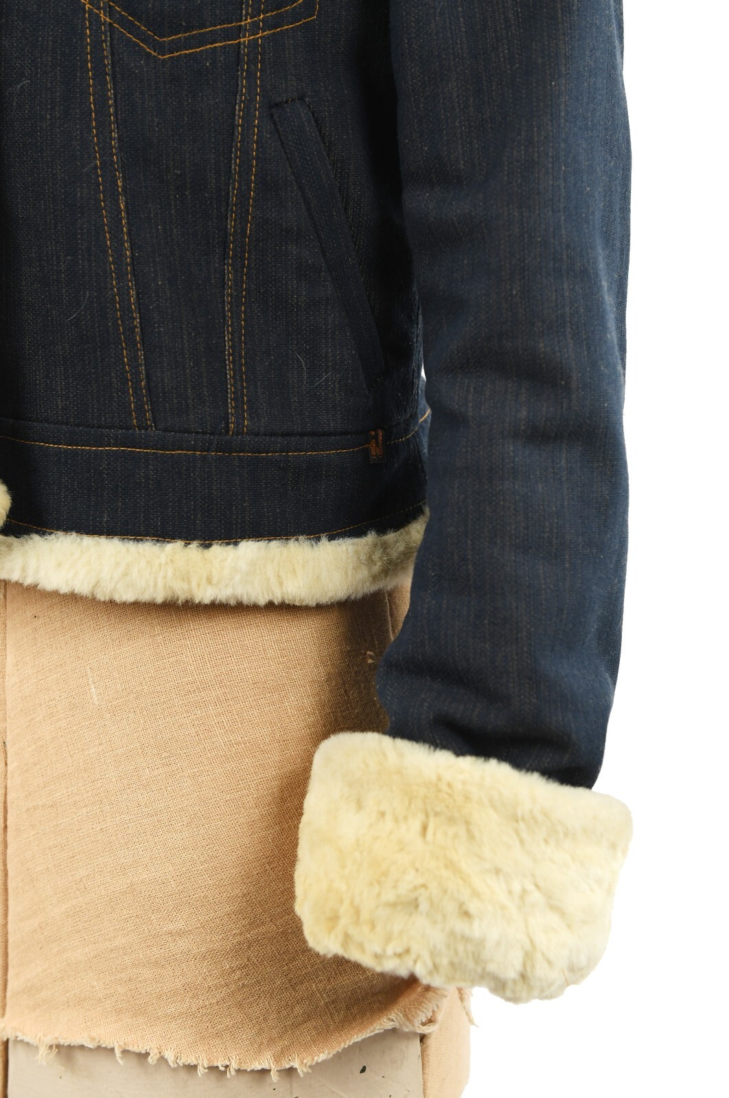 Vintage 90s French Dark Denim Faux Sherpa Princess Trim Bomber Coat Y2K Jacket M