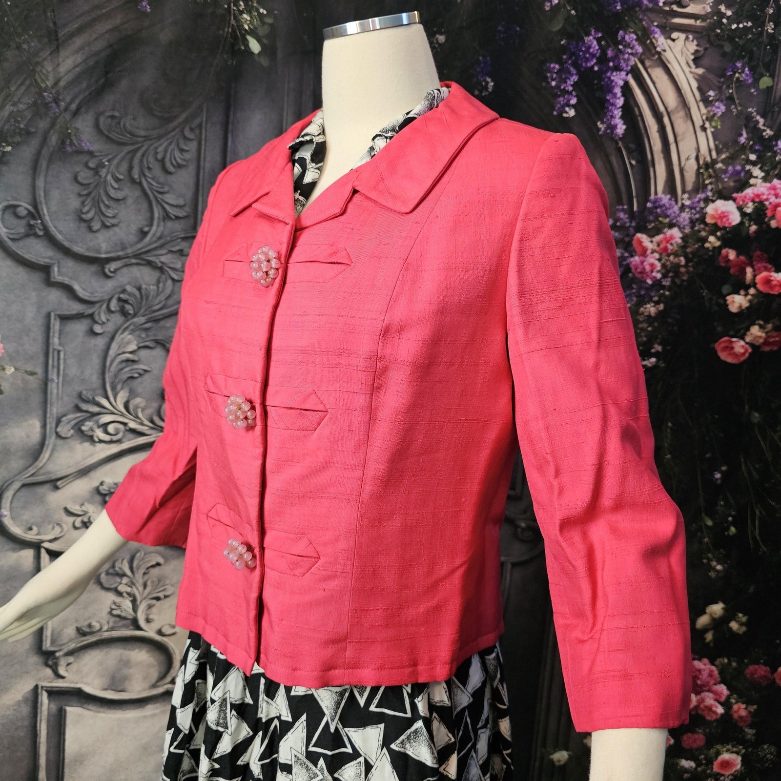 Vintage 1960’s Jacket Bright Pink Half Sleeve Beaded Buttons Blazer Barbie