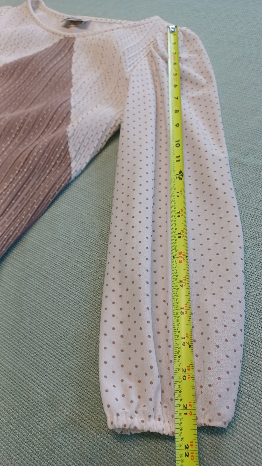 Vtg New Discoveries Union Pleated Colorblock Plisse Dress Beige/White Polka-dots