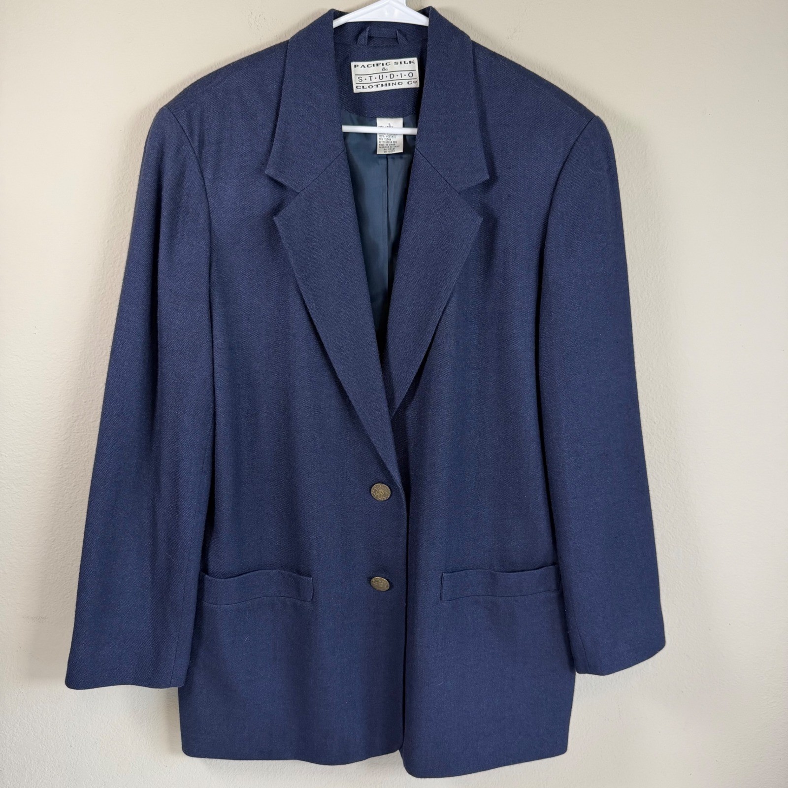 Vintage Womens Blazer Large Blue Silk Wool Jacket Tailored Career Classic