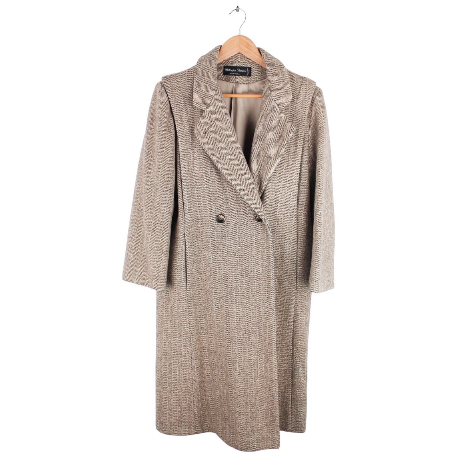 Vintage Wellington Wool Herringbone Overcoat Long Brown Women’s Size Medium